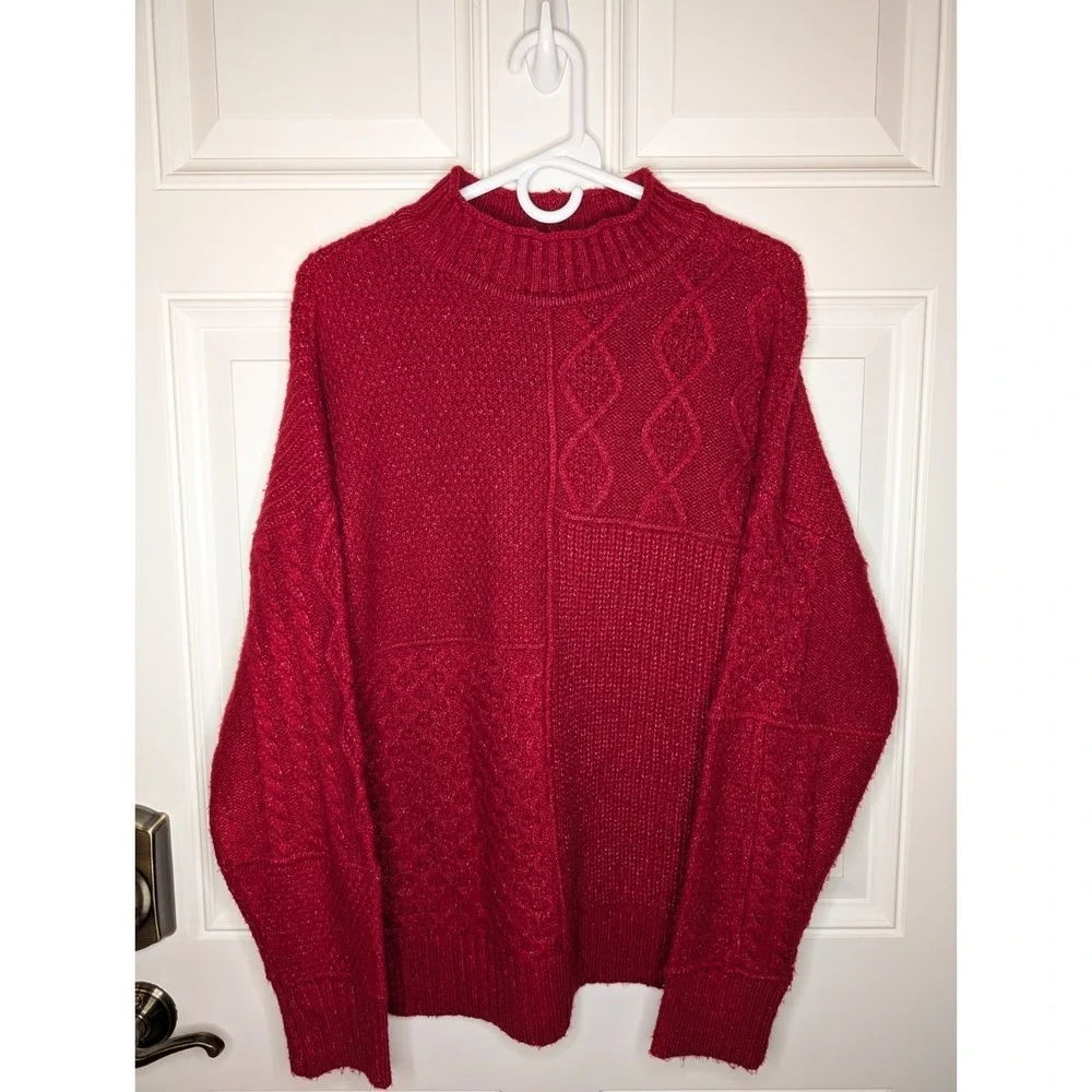 American Eagle Red Chunky Knit Soft Cozy Mock Neck Mixed Stitch Sweater Medium - Picture 4 of 10